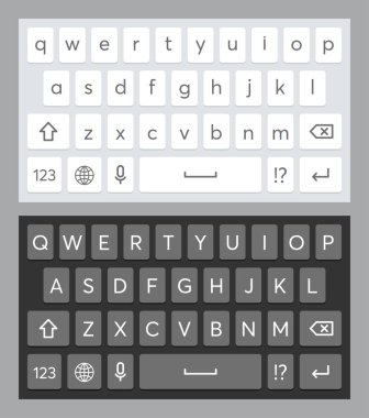İngilizce alfabe tuşları ile vektör gerçekçi mobil klavye şablonu. Ekran akıllı telefon klavyesi. Dijital cihaz için sosyal medya klavyesi modeli, cep telefonu. Beyaz ve siyah ekran tuş takımı. QWERTY