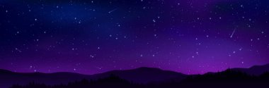 Parlak yıldızlarla, gezegenlerle, kuyruklu yıldızlarla ve siluetlerle dolu bir gece. Samanyolu Galaksisi. Vektör yatay manzara. Yıldız Evreni çizimi. Web tasarımı için koyu mavi parlama alanı.