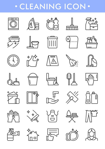 Vector illustration of house cleaning services icon, emblems, logos with vacuum cleaner, spray bottle, sponge, bucket, brush, gloves. Trendy flat cleaning icon.Concept for web banners, poster template