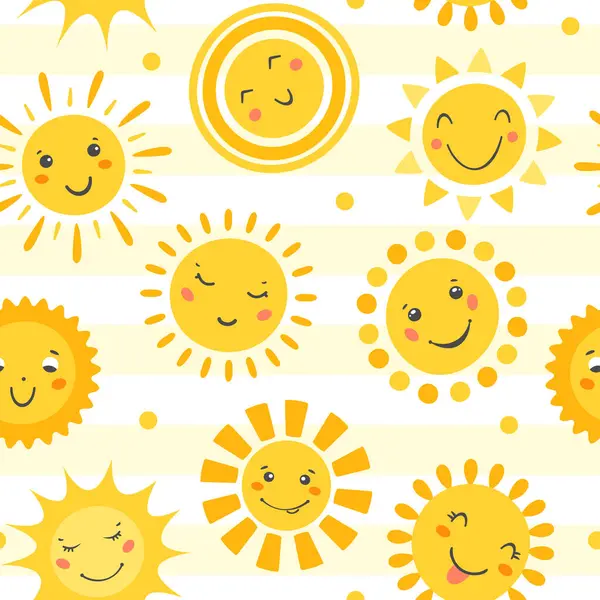 Güneş kusursuz desen. Vektör el sevimli güneş simgeleri ve emoji çizdi. Web, kumaş, çanta, tekstil, duvar kâğıdı, hava tasarımı için karikatür yaz şablonu. Komik yaz güneşi. Duygu Simgeleri koleksiyonu