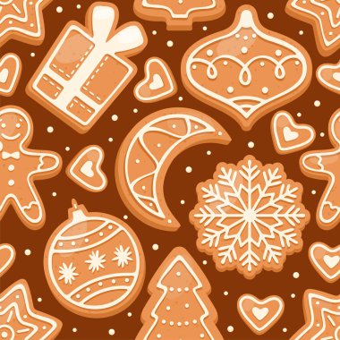 Zencefilli kurabiyelerle Noel 'i kusursuz düzenle. Kağıt, tekstil, baskı, kumaş ve web tasarımı için kışın zencefilli ekmek. Kar taneleri, hilal, zencefilli kurabiye adam, çan