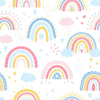 Gökkuşağı kusursuz desen. Kağıt, tekstil, duvar kağıdı, baskılar, kumaş paketleyen çocuklar için çizgi film İskandinav tarzında gökkuşağı çizilmiş vektör eli. Bulutlar, yıldızlar, güneş, damlalar, kalp ile gökkuşağı set.