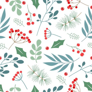 Dalları, yaprakları ve kutsal meyveleri olan kusursuz bir Noel deseni. Davetiyeler, tebrik kartları, duvar kağıtları, ambalaj kağıtları, baskılar, kumaşlar için vektör illüstrasyonu. Kış bitkileri Orman simgeleri