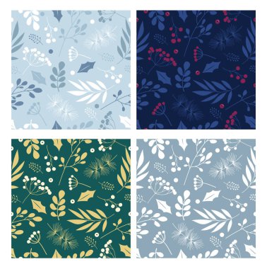 Dallar, yapraklar ve kutsal meyvelerle hazırlanmış kusursuz bir Noel deseni. Davetiyeler, tebrik kartları, duvar kağıtları, ambalaj kağıtları, baskılar, kumaşlar için vektör illüstrasyonu. Kış orman bitkileri simgeleri