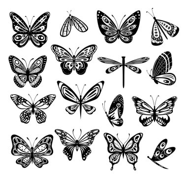 Kelebek. Siluet simgeleri, bahar kelebekleri. Oyma koleksiyon. Kelebek, ateş böcekleri, güve kanatları, beyaz arka planda izole edilmiş uçan böcekler. Ağ için el çizimi ögesi, dövme çizimi