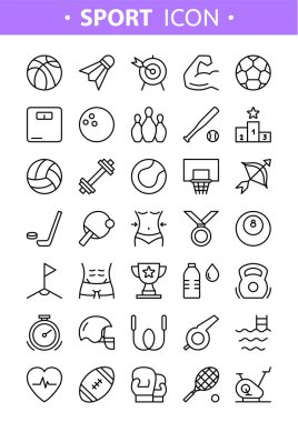 Spor sayfası simgeleri. Spor aletleri, ekipmanlar, toplar, aktif sağlıklı yaşam tarzı. İnternet, baskı, dijital ve uygulamalar için spor salonu sembolleri. Spor aktiviteleri. Düz doğrusal pictogram konsepti