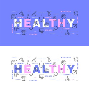 Spor bilgi şablonu. Spor aletleri, ekipmanlar, toplar, aktif sağlıklı yaşam tarzı. İnternet için spor ve spor sembolleri, yazdır. Spor aktiviteleri arka planda. Düz doğrusal pictogram konsepti