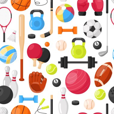 Spor malzemeleri geçmişi. Top ve oyun malzemeleriyle kusursuz desen. Futbol, basketbol, voleybol, rugby, futbol, tenis, golf. Yuvarlak kompozisyonda atletik, fitness ekipmanları