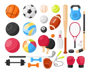 Spor Malzemeleri. Voleybol, futbol, futbol, tenis, golf, bilardo, raket ve bowling için topları olan spor ikonları seti. Spor aletleri. Takım oyunu