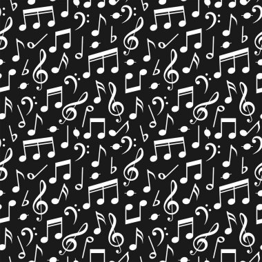 Müzik notaları. Siyah notaları olan kusursuz bir şablon. Tekstil, duvar kağıdı, ambalaj kağıdı, web, müzik festivali posterleri, caz konseri için müzikal arka plan. Müzik illüstrasyonu. Melodi kaydı.