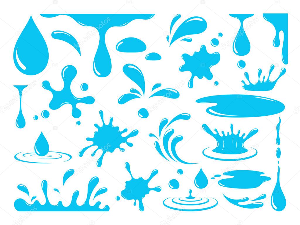 Water or oil drops. Vector icon set of urrent drops, waves, tears, spray, nature splashes isolated on white background. Dripping liquid. Water spill. Aqua drop element. Raindrop and sweat drops.
