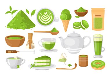 Kibrit çayı. Organik çay, kibrit tozu, çay yaprağı, çaydanlık, kibrit latte, makaron, kaşık, çırpı, Japon seremonisi için aletler. Kibrit yeşil çay töreni. Sağlıklı içecek.