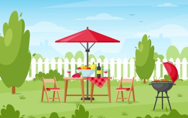 Arka bahçede barbekü partisi. Mangal ızgarası, yemek, şarap, masa, sandalye ve şemsiyeli pikniğin temsilcisi. Çitli bahçe, çalılar, ağaç ve patika. Aile yaz barbeküsü. Veranda alanı