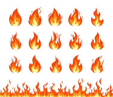 İkonu ateşle. Alev emojisi vektör seti, yanan semboller, ateş ve kırmızı şenlik ateşi. Beyaz arka planda izole edilmiş çizgi film kamp ateşi. Yatay, pürüzsüz ateş deseni. Enerji ve güç.