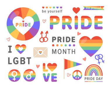 Gurur LGBT simgesi. LGBTQ çıkartmalarının vektör seti üzerinde kalp, gökkuşağı, sevgi, gurur bayrağı, cinsiyet ve barış yazılı. Ulusal Evlilik Günü, gurur ayı. İnsan hakları ve hoşgörü