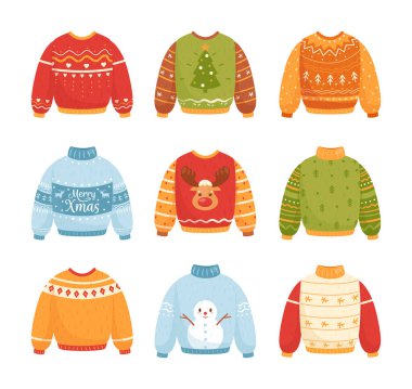 Noel kazakları. Değişik Norveç baskıları ve süslemeleri olan geleneksel çirkin Noel süveteri seti. Tatil partisi. Tatlı kış örgü kazağı, kardan adam, geyik, kar tanesi