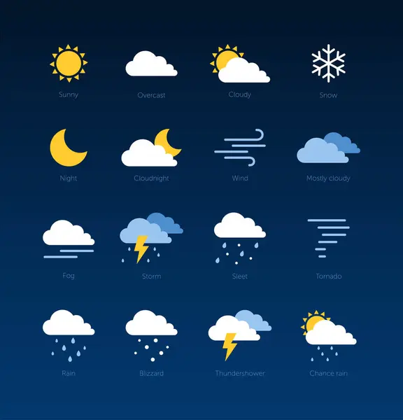 Hava durumu ikonları. Mobil uygulama, web tasarımı, ui, uygulama gereçleri için hava tahmini vektör kümesi. Fırtına, yağmur, kar, güneşli, bulutlu, şimşek, kasırga. Mevsimler. Meteoroloji