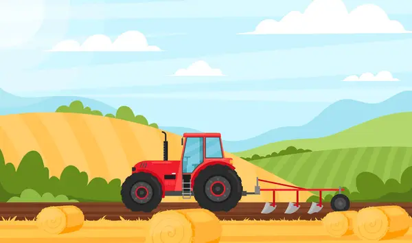 Tarım ve tarım. Tarlalarda, tarlalarda, samanlarda, ağaçlarda ve çalılarda çalışan traktörle kırsal arazinin vektör çizimi. Tarım işi. Kırsal sonbahar manzarası. Çiftlik kavramı