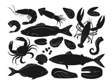 Deniz ürünleri. Karides, somon, dorado, ıstakoz, yengeç, midye, mürekkep balığı, ahtapot, istiridye ve kabuklu siluet ikonları. Menü için deniz ürünleri, web tasarımı. Taze balık.