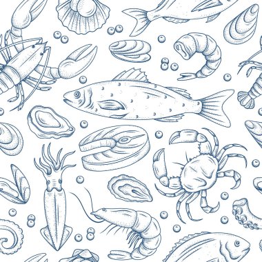 El yapımı deniz ürünleri. Somon, mürekkep balığı, yengeç, ıstakoz, midye, istiridye ve deniz kabuğu içeren vektör hattı siluetleri. Poster ya da menü ürünü pazarı için deniz ürünleri, duvar kağıdı. Klasik gravür sanatı.