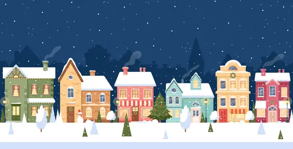 Winter City Caddesi. Renkli evleri, yağan karları, ağaçları, kardan adamı, şenlikli çelenkleri olan bir Noel kasabası. Karlı gece köyü manzarası. Şehir manzarası. Yeni Yıl ve Noel için Mutlu Bayramlar