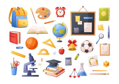 Okul malzemeleri seti. Sırt çantası, çıkartma, kırtasiye, küre, kalem, fırça, çalar saat, spor topu, kitap yığını, defter içeren vektör ikonu seti. Okul illüstrasyonuna dönelim