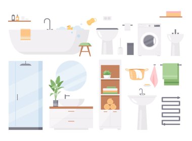 Banyo ve tuvalet içi. Duş, banyo, tuvalet, lavabo, bide, havlu, ayna ve aksesuarlar. Banyo mobilyası koleksiyonu. Samimi bir oda. Rafta kozmetik şişeler var. Çizgi film düz stili