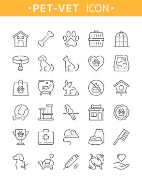 Evcil hayvan ikonu. Köpek, kedi, kuş, kaplumbağa, tavşan, köpek, balık, hayvan oyuncakları olan ince çizgi evcil hayvan ve veteriner ikonları. Web tasarımı, logo, afiş, evcil hayvan dükkanı, veteriner kliniği için taslak koleksiyonu.