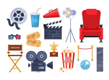 Sinema unsurları. Patlamış mısır, içki, klaket, 3D gözlükler, bant, bilet, sandalye, makara, video kamera, megafon içeren film ikonu seti. Film endüstrisi ve sinematografi için Çizgi Film İllüstrasyonu