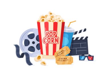 Sinema unsurları. Patlamış mısır ikonu, içki, klaket tahtası, 3D gözlükler, film şeridi, biletler. Film endüstrisi için çizgi film illüstrasyonu, sinematografi, film gecesi festivali