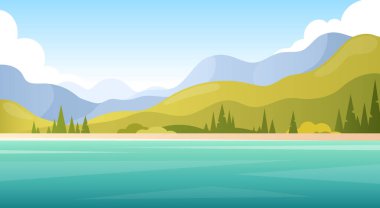 Peyzaj tatil afişi. Nehir, orman, tepeler, dağlar ve güzel gökyüzü ile kırsal ilkbahar seyahatlerinin vektör çizimi. Çizgi film düz stili. Panoramik doğa rezervi. Güneşli bir gün