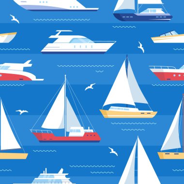 Denizcilik gemileri. Denizdeki gemiler, yelkenliler, sürat tekneleri, yatlar, yelkenliler, kruvazörler. Düz bir şekilde okyanus nakliye botu. Kumaş ve tekstil için deniz yolculuğu geçmişi