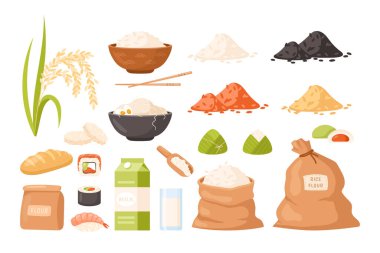 Pirinç gevreği dikenleri ikon seti. Organik pirinç ürünlerinin vektör karikatür koleksiyonu: un, suşi, mochi, erişte, ekmek, cips, zongzi, pirinç torbası ve süt. Pirinç tarlası. Tarım ürünleri.