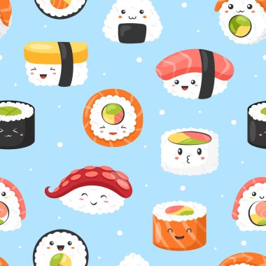 Kawaii Suşi kusursuz desen. Şirin suşinin, dürümlerin, gülümseyen yüzlü sashimi ve Kawaii tarzı pembe yanakların vektör arkaplanı. Geleneksel Japon Asya yemekleri. Tekstil, ağ, baskı için çizgi film emojisi