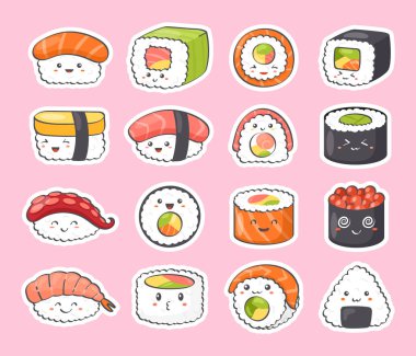Kawaii suşi etiketleri. Şirin suşi, rulo, nigiri, gülümseyen yüzlü sashimi ve kawaii tarzında pembe yanaklı simge seti. Geleneksel Japon Asya yemekleri. Tekstil, ağ, baskı için çizgi film emojisi