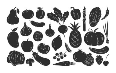 El yapımı sebze, meyve ve böğürtlen. Siluet vektör seti beyaz arka planda izole edilmiş yiyecekler çiziyor. Sağlıklı yaşam tarzı kavramı. Elmalı, limonlu, domatesli, ananaslı, çilekli, pancarlı.