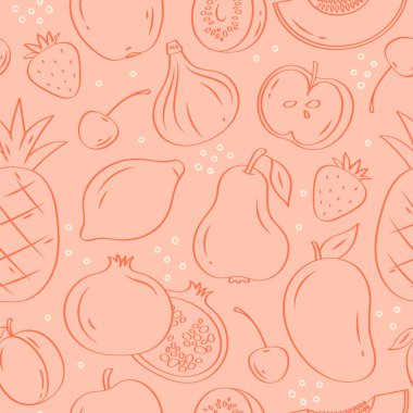 Elle çizilen meyvelerin kusursuz deseni. Çizgi film çizim tarzında sağlıklı bir yaşam tarzı. Elma, armut, limon, ananas ve çilekli simgeler. Kumaş için yaz tropik baskısı