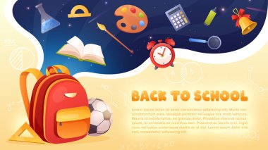 Okul illüstrasyonuna dönelim. Okul gereçleri, sırt çantası, çıkartmalar, kağıtlar, kalemler, çalar saat, kitaplar, defterler, ziller, mesajlar. Konular için eğitim afişi, web tasarımı