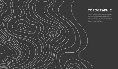 Topografik harita. Topoğrafik coğrafi harita çizgilerinin ve hatlarının vektör çizimi. Arazi yolu siyah bir zeminde izole edilmiş. Coğrafya şeması. Web sitesi şablonu ve afişi için çizgi dağ yardımı