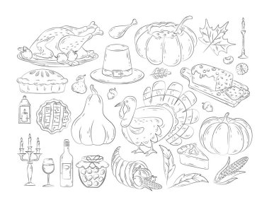 Karalama tarzında şükran günü simgeleri. Hindi rostosu, balkabağı yiyeceği, mısır, şarap, mum, hacı şapkası ve turta içeren sonbahar elementleri. Şükran günün kutlu olsun. Hasat festivali.