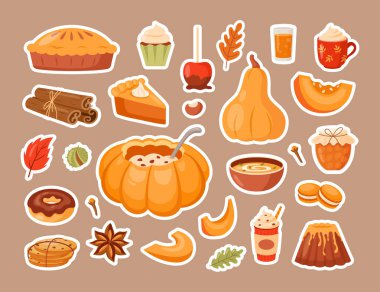 Kabak tabağı etiketleri. Taze balkabağı, reçel kavanozu, meyveli kek, çorba, tarçınlı latte. Geleneksel sonbahar Şükran Günü yemeği. Cadılar bayramı daveti için sonbahar seti, hasat