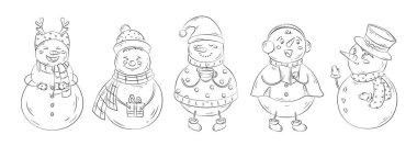 Tatlı Noel Kardan Adam. Kış tatilinde farklı kostümlü kardan adamlar çizilmiş. Yanında da kostüm, bir fincan kakao, şarkı kitabı, kitap. Tebrik kartı, poster, etiket, web pankartı için kış simgesi.