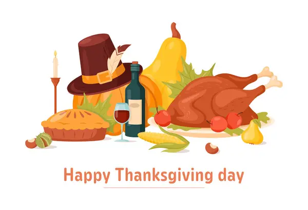 Happy Thanksgiving day. Vector illustration of autumn elements with roast turkey, pumpkin, corn, wine, candles, pilgrim hat, pie. Harvest festival. Autumn greeting card for invitation, special offer. — Illustration Happy Thanksgiving Day Vector Illustration Autumn Elements Roast Turkey Pumpkin — Stock Vector