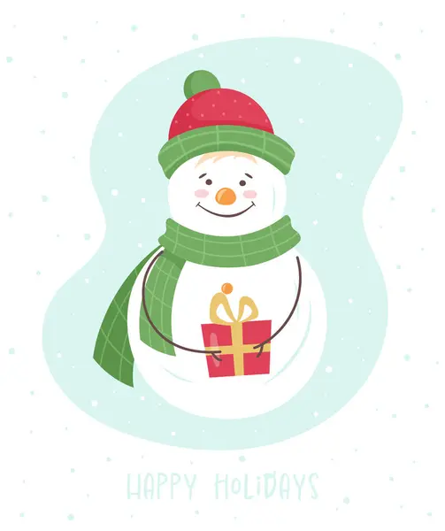 Tatlı Noel Kardan Adam. Kış tatillerinde hediye, eşarp, şapka ve metin taşıyan kardan adamın temsili sunumu. Kış tebrik kartı, poster, web afişi. Mutlu Noeller ve mutlu yıllar.