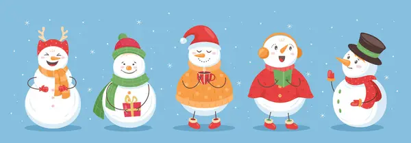 Tatlı Noel Kardan Adam. Kış tatilindeki farklı kostümlü kardan adamlar, bir fincan kakao, şarkı kitabı, kitap. Tebrik kartı için kış simgesi, festival posteri, çıkartma, web pankartı.