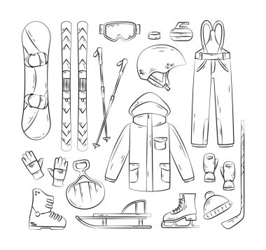 Kış spor malzemeleri. Snowboard, kayak, eldiven, miğfer, kızak, ceket ile çizilmiş vektör el simgeleri. Kış sporları aksesuarlarının tasviri. Tatillerde dağ kayağı ve paten etkinliği