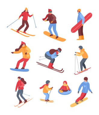 Kış sporları. Karakterlerin oluşturduğu bir grup insan, kayakçılar ve snowboard binicileri, erkek ve kadın, kayak merkezinde çocuklara tüp yutturuyorlar. Kayak, snowboard tatili konsepti. Noel aile hafta sonları