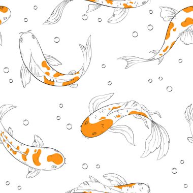 Koi sazan balığı kusursuz balık tutar. Gölde geleneksel Japon sazan balığının ellerinin vektör arkaplanı. Posterler, baskılar, afişler, kumaşlar, desenler, ağ için Japon doğu bahçesi