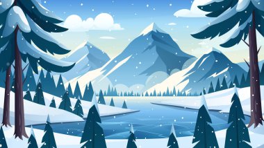 Kış karlı dağ manzarası. Göllü, buzlu nehirli, ormanlı, çam ağaçlı, dağlı kışın yatay temsili. Karlı tepeler ve vadi manzarası. Açık havada tatil etkinliği