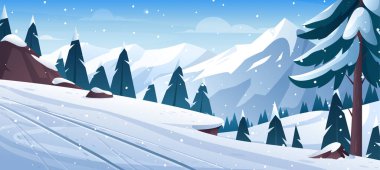 Kış dağı kayak manzarası. Kar tepeleri, çam ağaçları, uçurum, kayak pisti, kızak, snowboard 'lu kayak merkezinin temsilcisi. Alpler 'de açık havada tatil etkinliği. Kış kayağı ve snowboard sporu